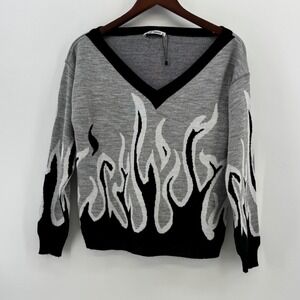 AQE Fashion Womens Flame Knit Sweater Grey Black V-Neck Long Sleeve Pullover M